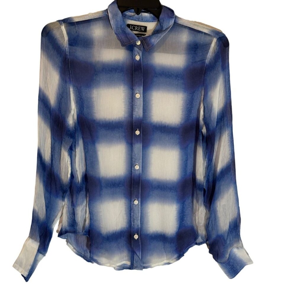 J. Crew Factory Blue and White Plaid Button-Up Blouse